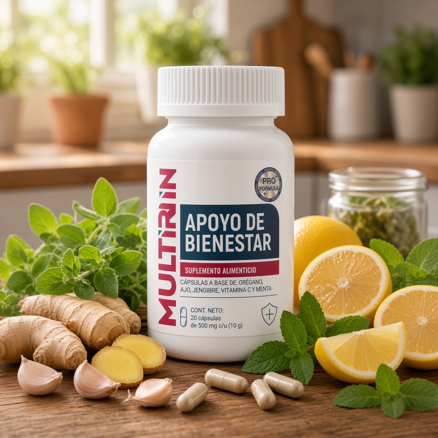 Frasco de Multirin con ingredientes naturales